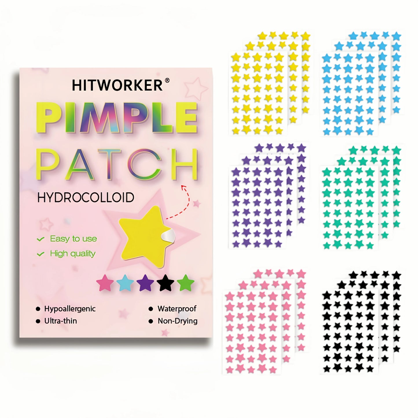 648pcs Multicolor Star Acne Patches - Mixed Color Cute Blemish Cover Invisible Spot Stickers, Pink Box